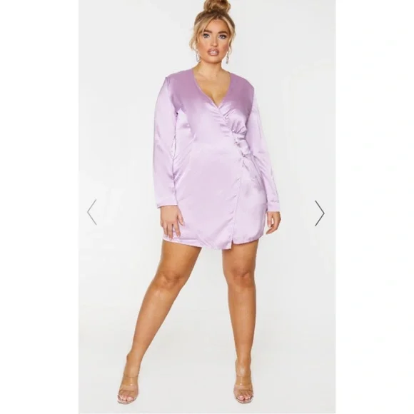 plt satin wrap dress Purple Wrap Satin Dress With Flutter Sleeves Dsir Couture
